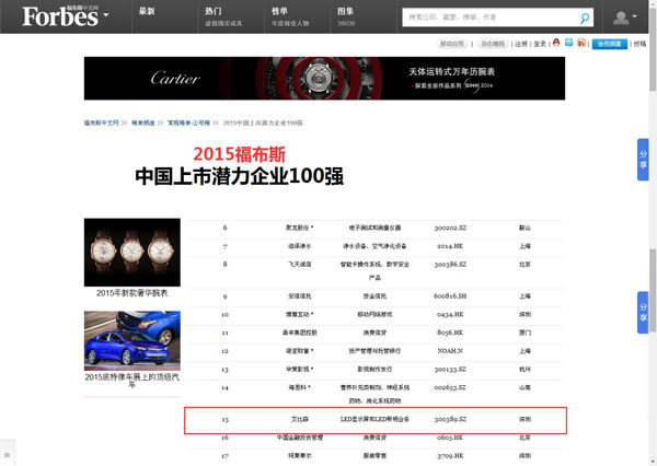 艾比森荣登2015福布斯中国上市潜力企业100强