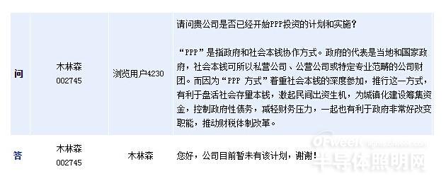 有图有真相！木林森目前暂无计划参与PPP项目