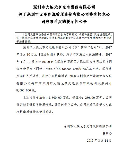 元亨光电800万股股权在淘宝网上拍卖 起拍价2800万元