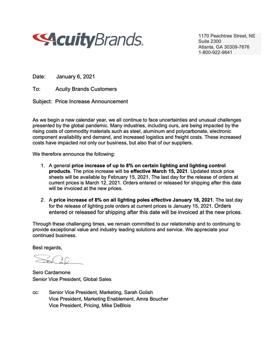 Acuity Brands宣布照明及灯杆等产品涨价8%