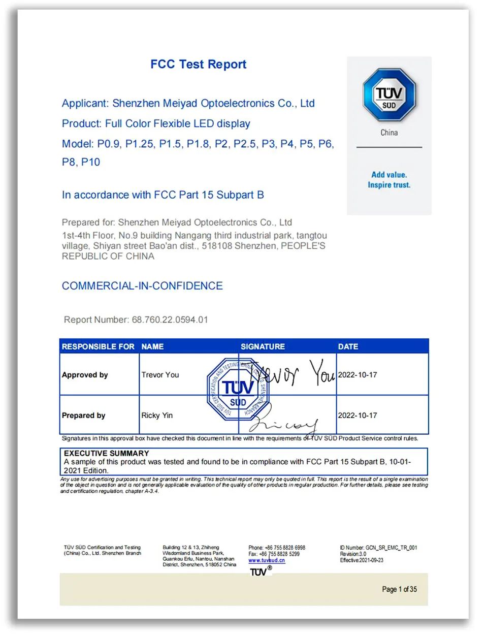 喜讯：美亚迪光电LED柔性屏通过TÜV南德CB、CE和FCC认证