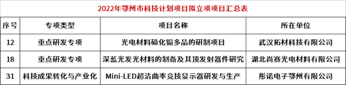 彤诺电子MiniLED项目等入选湖北鄂州科技计划项目