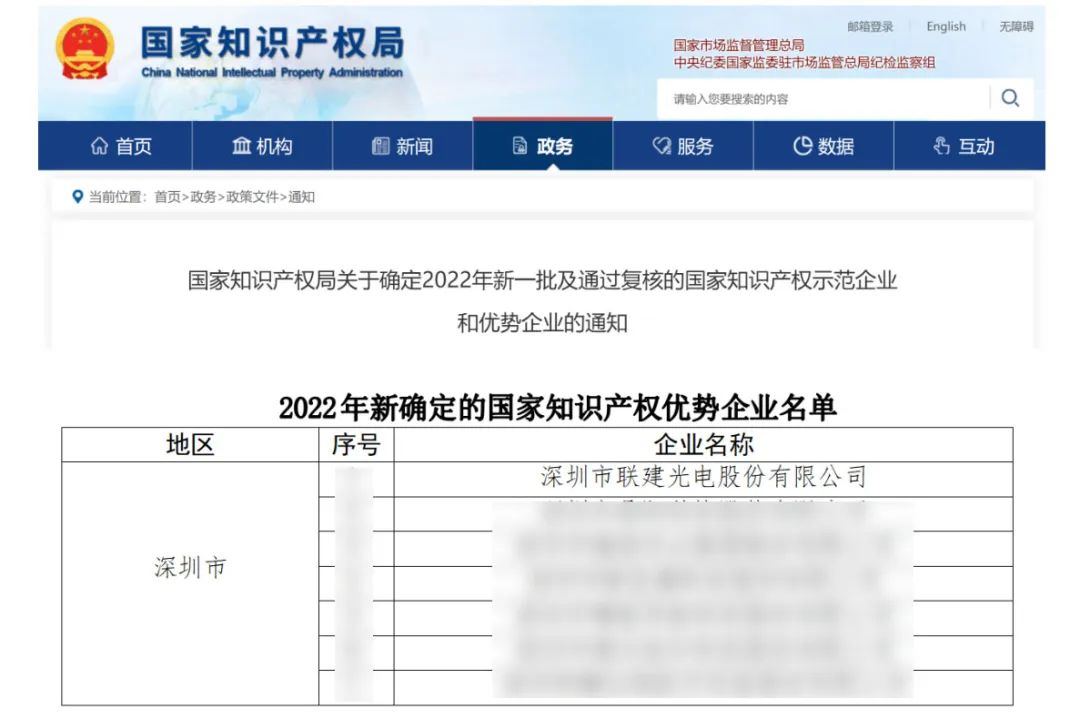 喜报！联建光电获国家知识产权优势企业荣誉称号