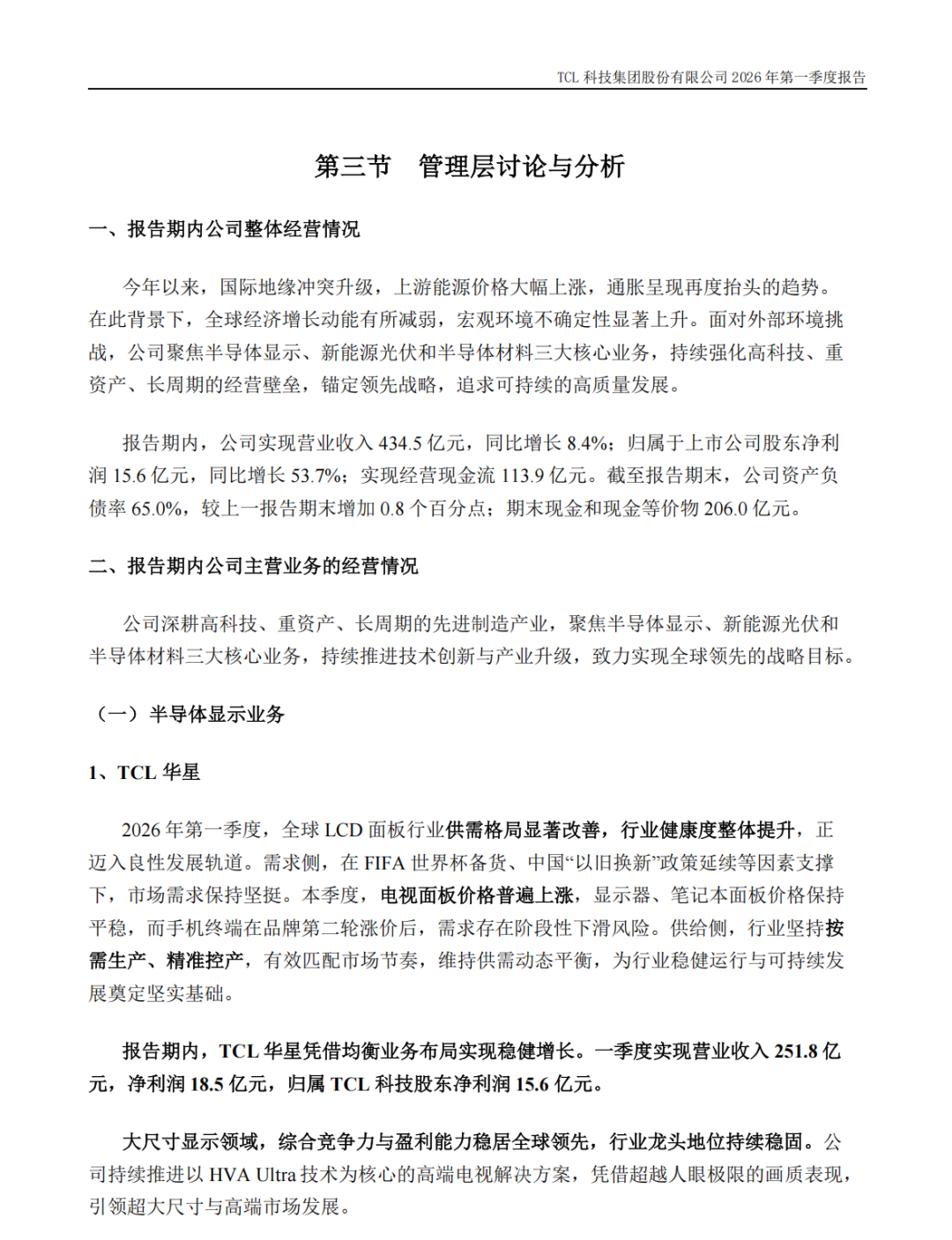 TCL华星2026年一季度实现营业收入251.8亿元，净利润18.5亿元